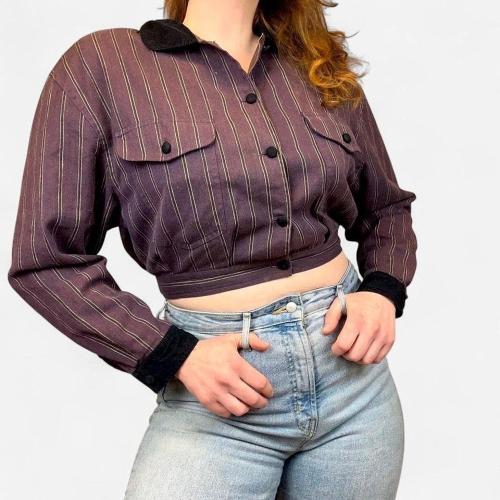 Vintage 80s ESpirit Striped Boxy‎ Cropped Jacket Linen Corduroy Womens M